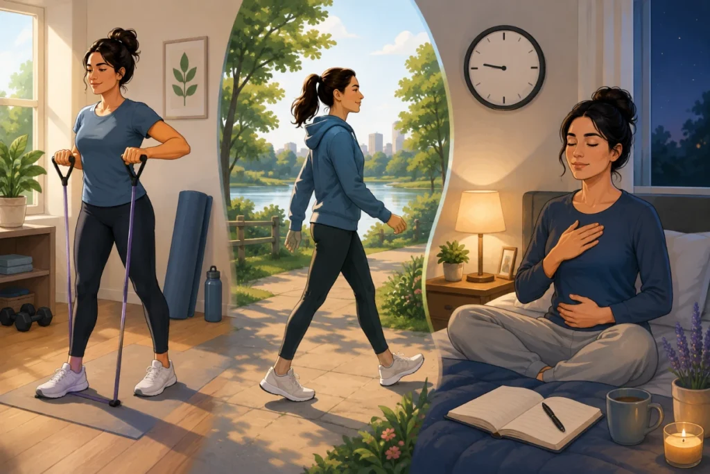 Person combines strength training, outdoor walking, mindful breathing, and restful sleep each day.