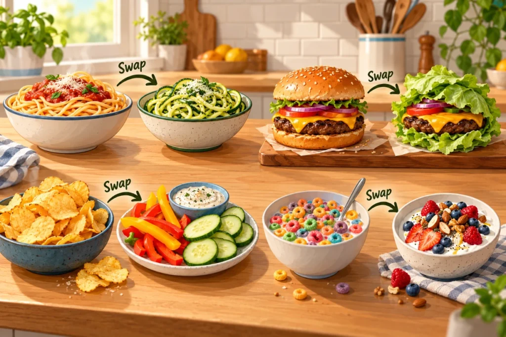 Low-carb swaps showing pasta to zucchini noodles, bun to lettuce, chips to vegetables and cereal to yogurt.