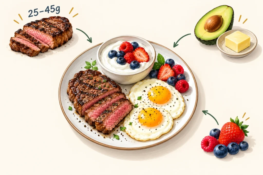 Animal-based breakfast with steak, eggs, yogurt, berries, avocado and a 25–45g protein target.