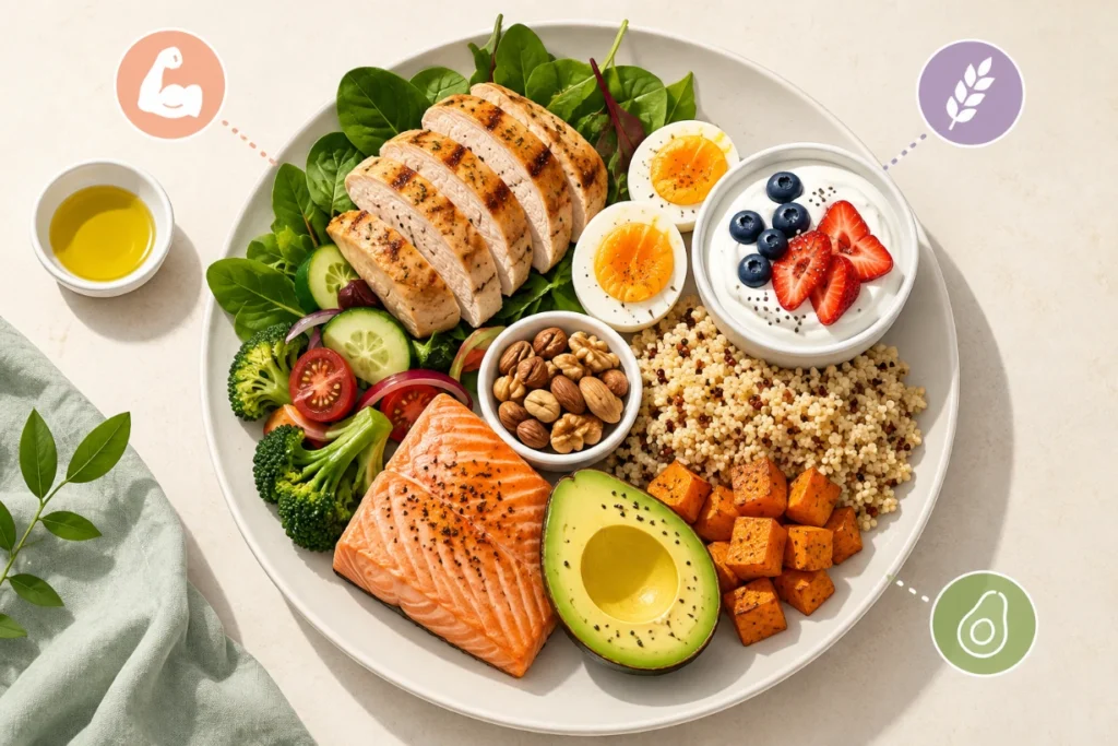 Balanced plate with protein, healthy carbs, fats, vegetables, and nutritious foods for weight loss.