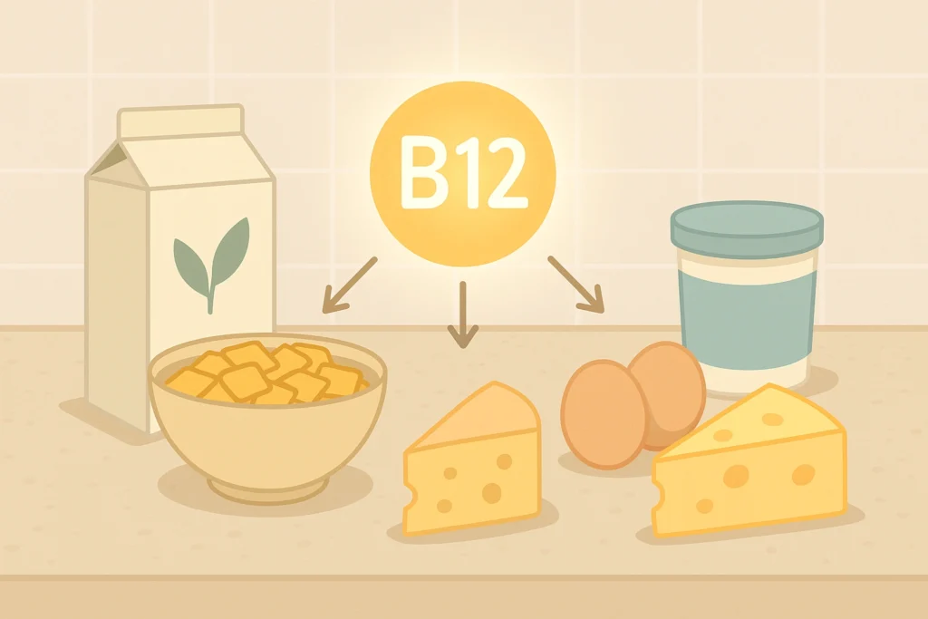 Vegetarian B12 foods on a counter with arrows pointing to a glowing B12 symbol.