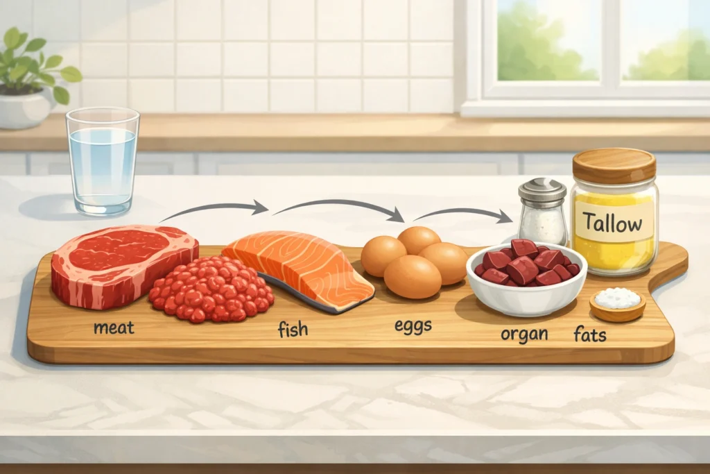 Kitchen scene showing carnivore foods like steak, fish, eggs, liver, tallow, salt, and water on a board.