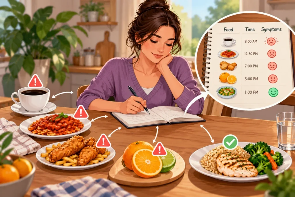 Woman tracking acid reflux symptoms in a food diary beside coffee, fried foods, citrus and a healthy meal.