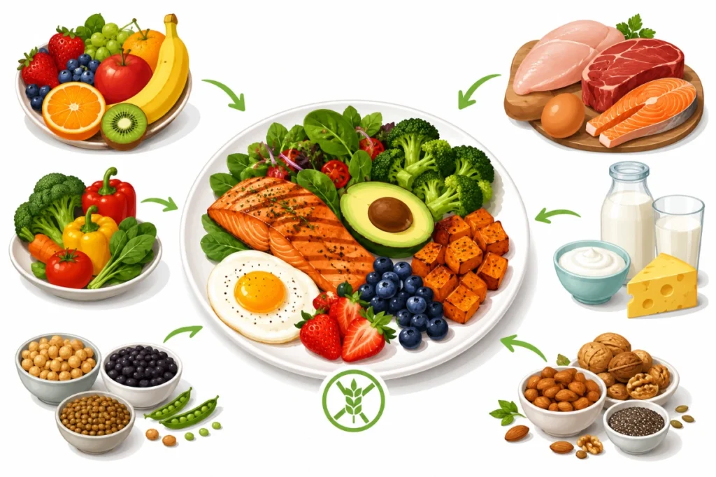 Balanced gluten-free meal with salmon, eggs, vegetables, fruits, nuts, dairy, and legumes.
