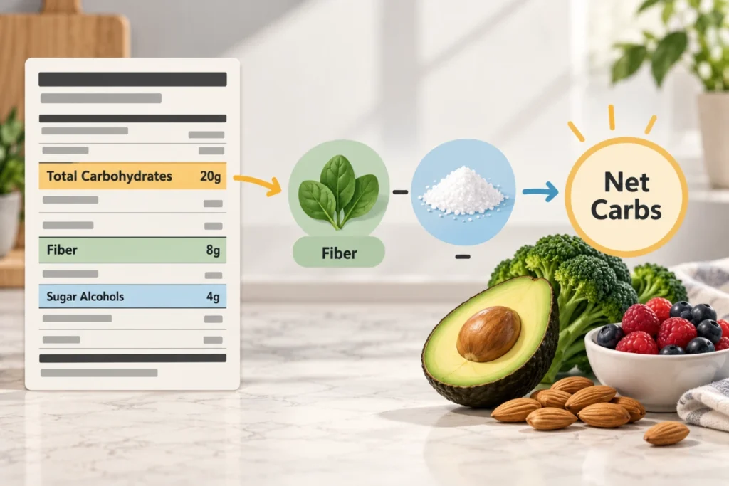 Keto label showing total carbs, fiber and net carbs with avocado, broccoli, berries and almonds.