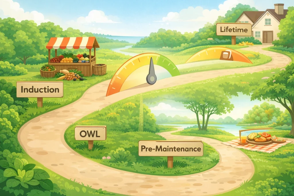 Illustrated path through Atkins phases from induction to lifetime with foods and rising carb levels.