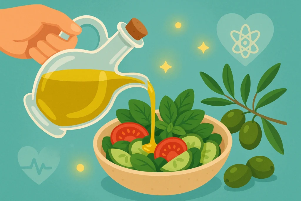 Olive oil is poured onto fresh greens with olives, an olive branch, and subtle health icons in the background.