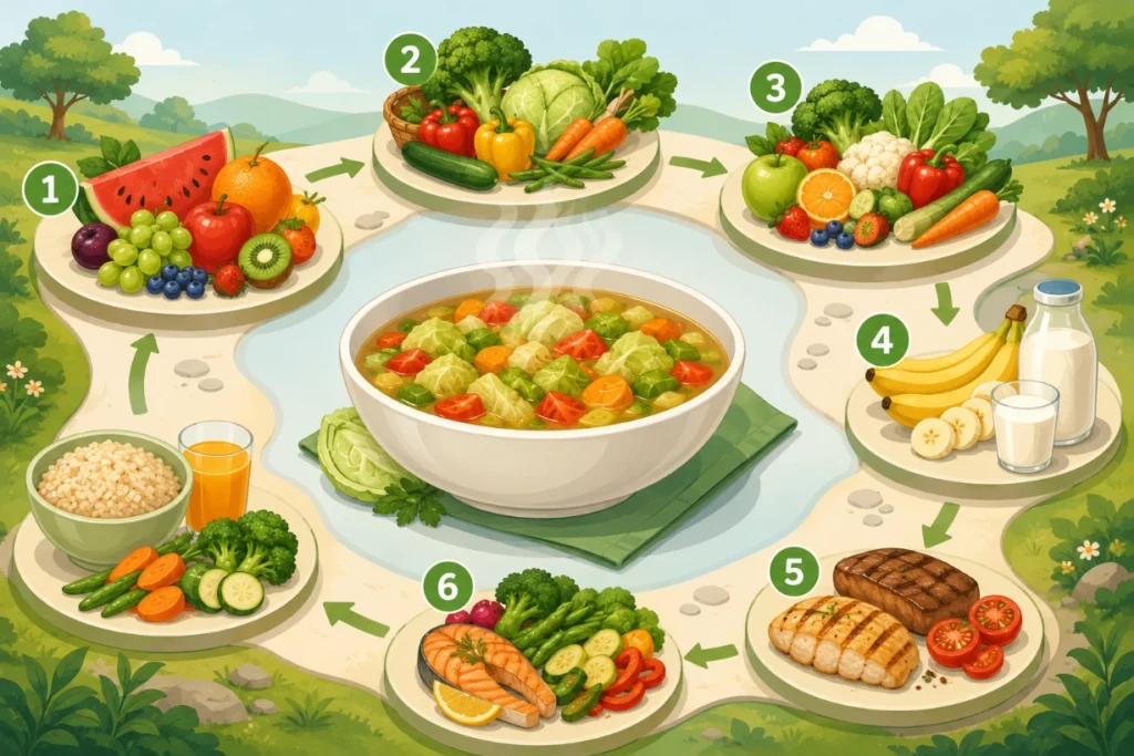 Seven-day cabbage soup diet journey showing daily food stages around a central soup bowl.