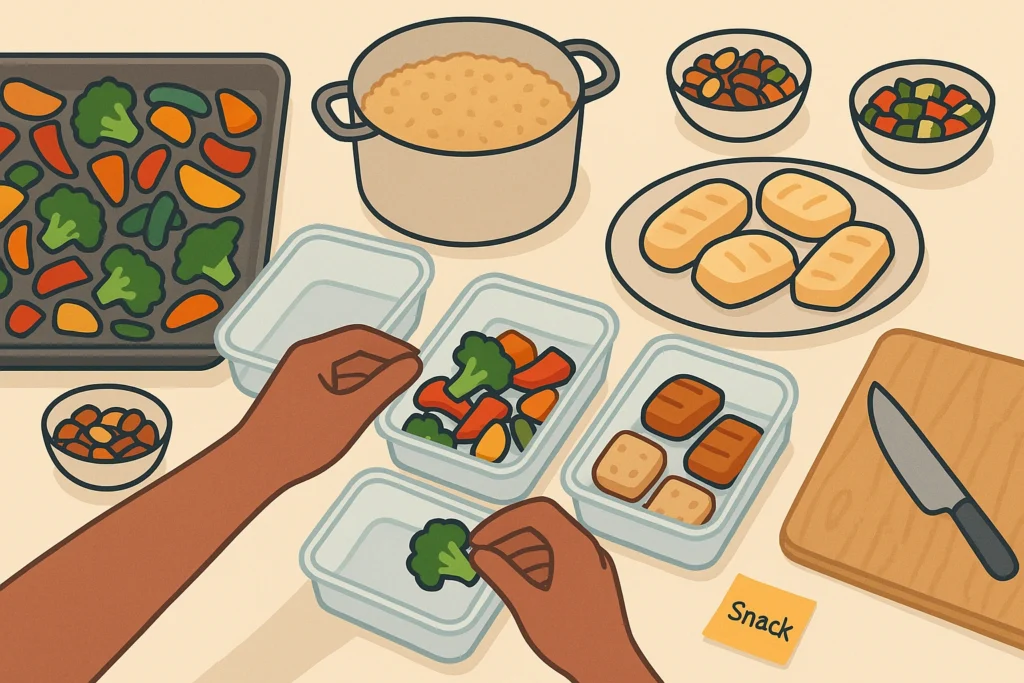 Hands portion meal prep into containers: roasted veggies, cooked grains, protein, nuts salad, knife.