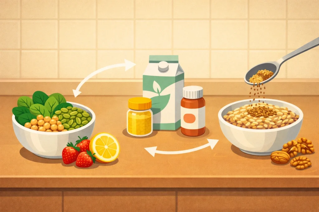 Vegetarian nutrient sources showing iron with vitamin C, fortified foods, and omega-3 seeds on a counter.