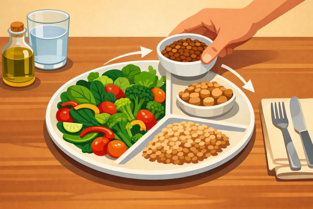 Balanced vegetarian plate with veggies, protein, and grains as a hand builds the meal step by step.