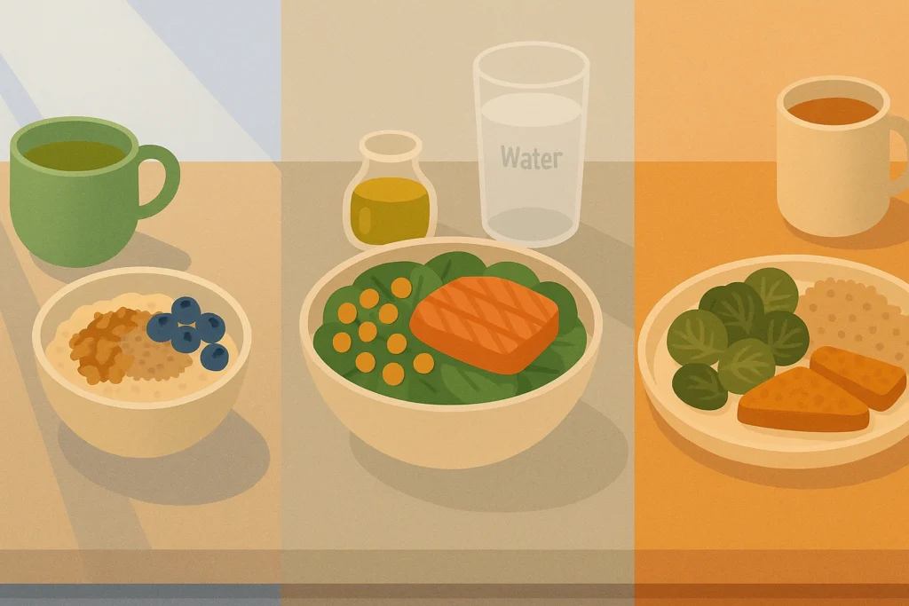 Tabletop displaying morning oatmeal, midday salad, and evening meal with shifting light through the day.