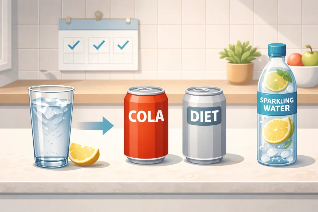 Water glass placed before soda and sparkling water on a kitchen counter, with a simple checked calendar.