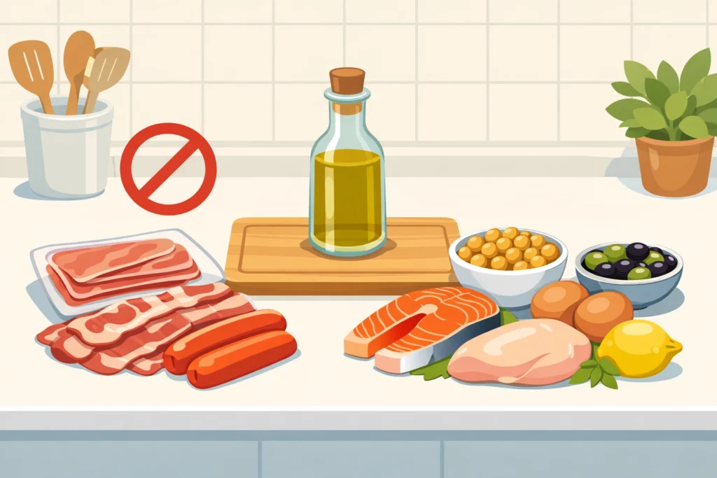 Kitchen counter showing processed meats on one side and fish, eggs, chickpeas, and olives on the other.