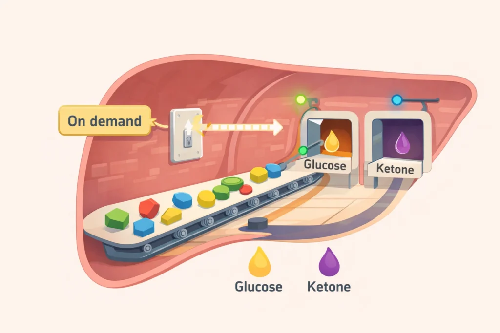 Simplified liver illustration showing amino acids becoming glucose on demand or steady ketones.