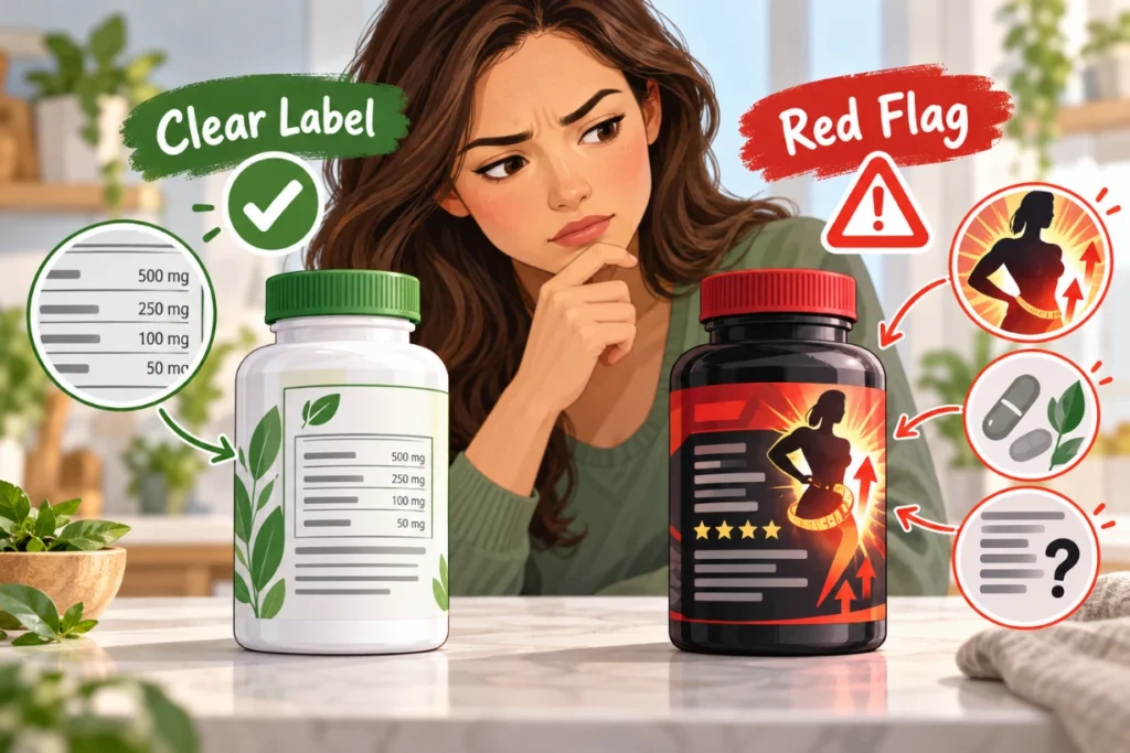 Woman comparing supplement labels, showing a clear label versus warning signs and hidden claims.