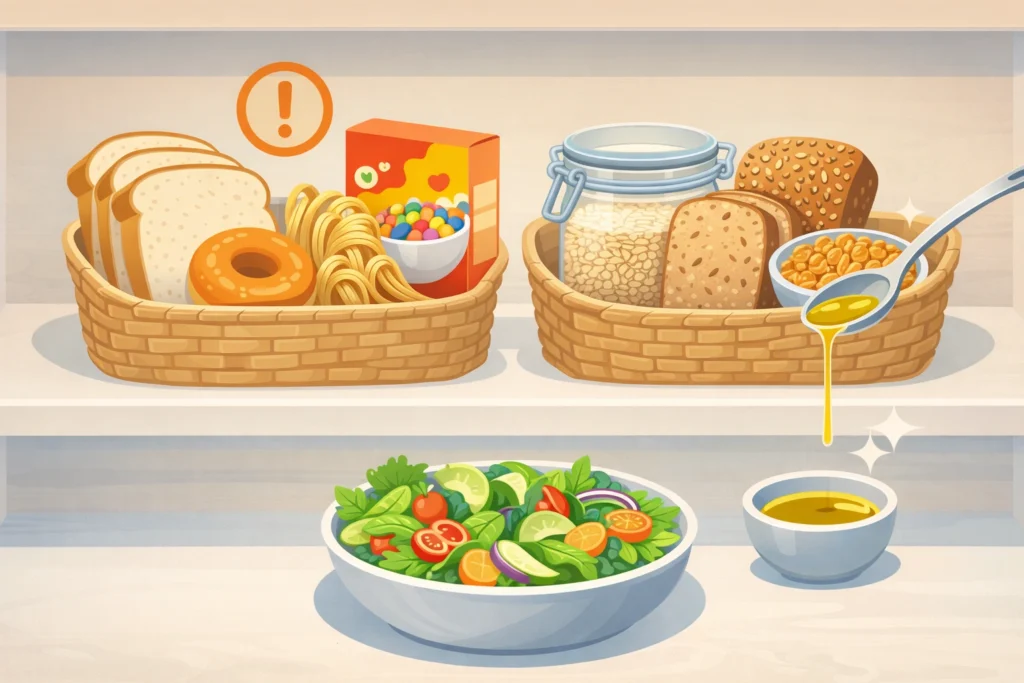 Pantry shelf comparing white bread and sugary cereal with whole grains, oats, and lentil pasta.