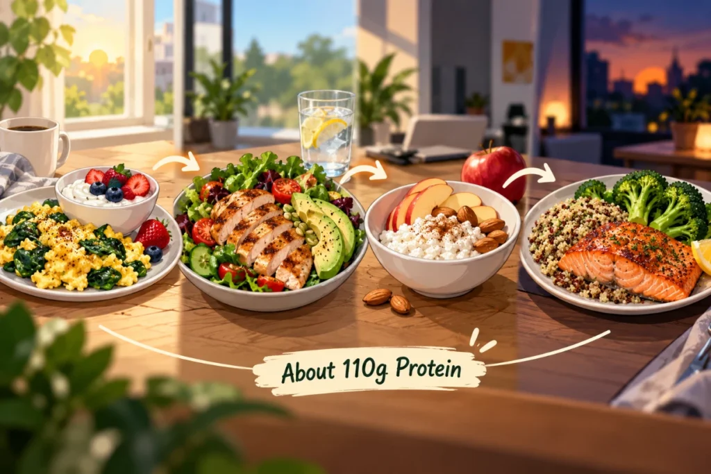 High-protein day with eggs, chicken salad, cottage cheese, and salmon providing about 110g protein.