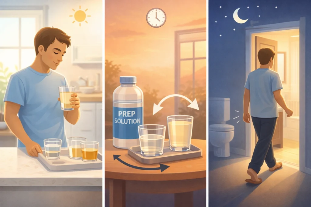 Person preparing for colonoscopy across day to night, drinking clear liquids and walking toward bathroom.