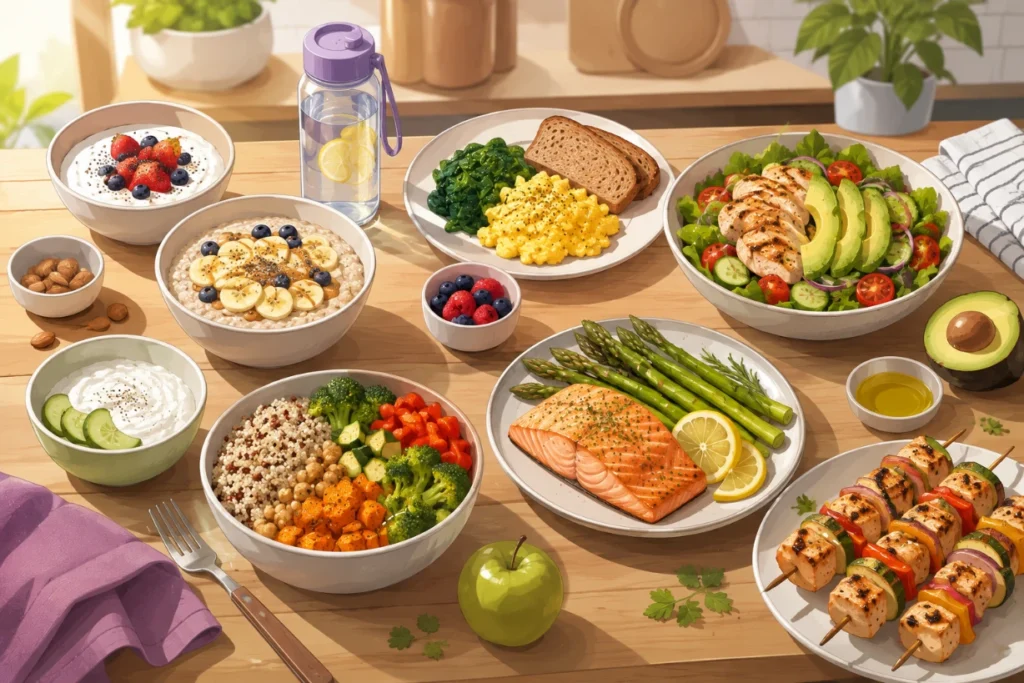 Healthy weekly meal spread featuring yogurt, oats, eggs, chicken, quinoa, salmon, and vegetables.