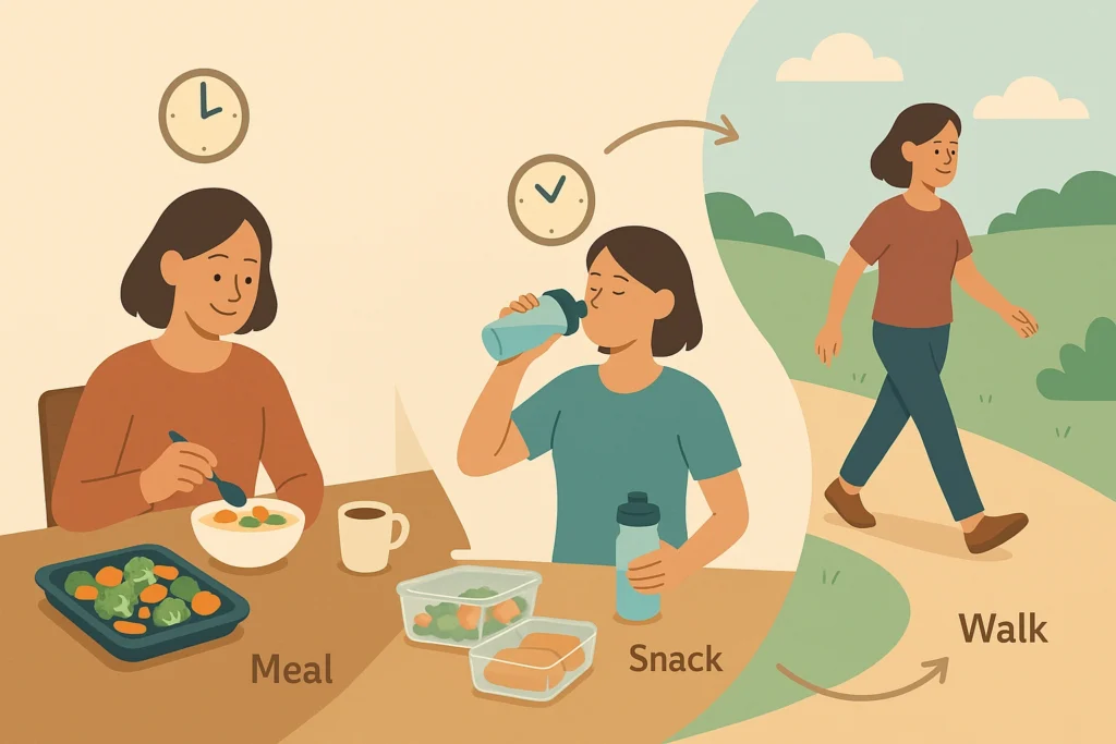 Day routine vignettes: breakfast, snack with water, dinner, then a short walk, with small clocks ok.