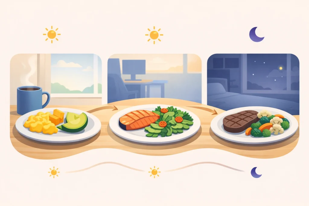 Three keto meals across the day, from eggs and avocado to salmon salad and steak with vegetables.