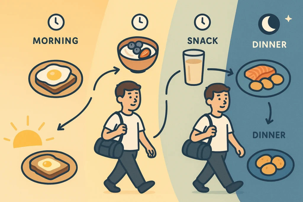 Day timeline from sunrise to night: five meals on a winding path with clocks and gym-bag character.
