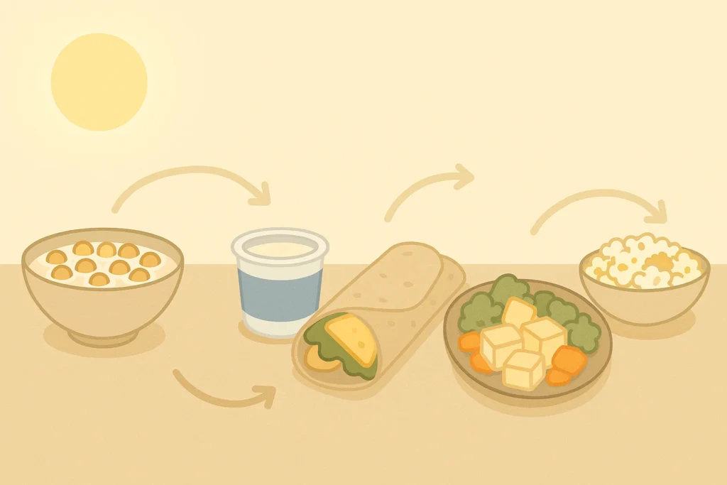 A left-to-right vegetarian meal timeline from cereal breakfast to tofu dinner.
