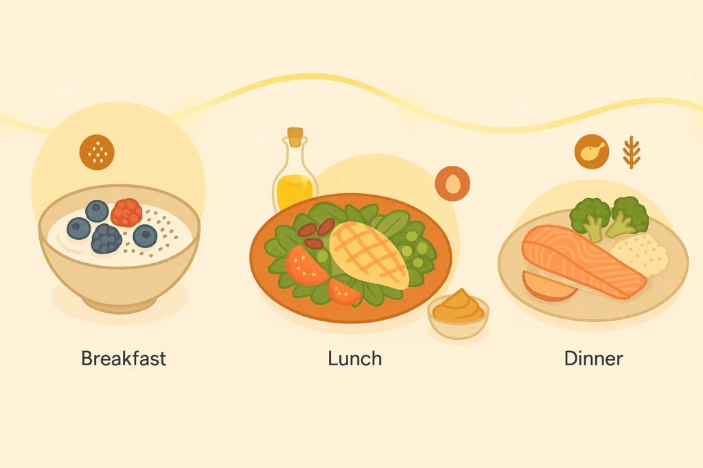 Four meal moments—yogurt, chicken salad, apple with peanut butter, salmon dinner—flow left to right.