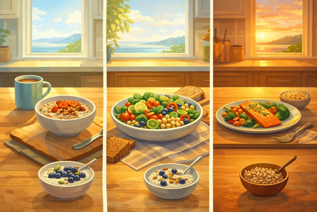 Kitchen island showing Mediterranean meals from morning oatmeal to salad lunch and salmon dinner.