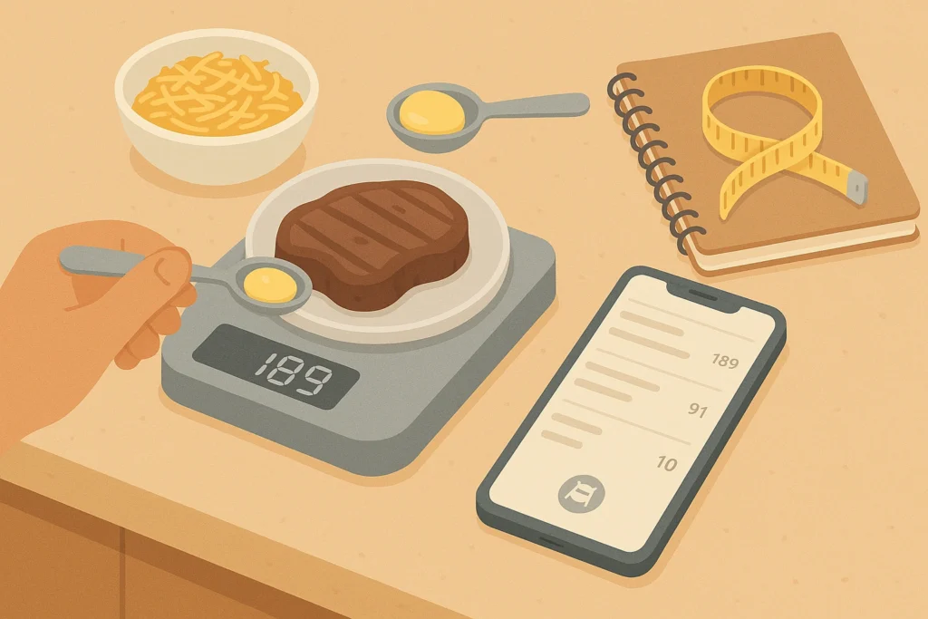 Kitchen counter with steak on scale, cheese, ghee, phone tracker, notebook, and tape measure.