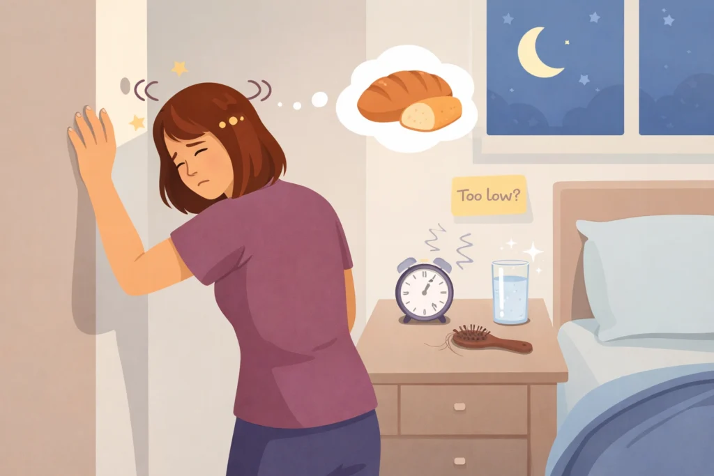 Woman in bedroom shows low-carb warning signs like dizziness, cravings, poor sleep, and low minerals.