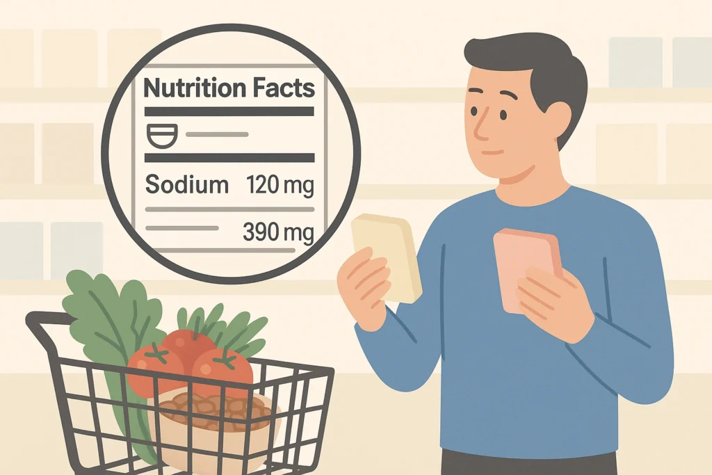 Shopper compares sodium levels on food labels, choosing lower-sodium options with fresh foods nearby.