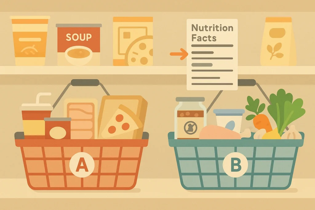 Two grocery baskets compare salty foods vs lower-sodium swaps; sodium label line highlighted by arrow.