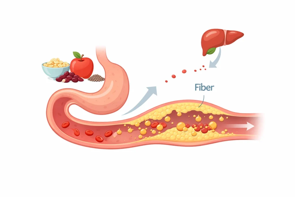 Digestive tract illustration showing fiber trapping bile droplets from foods and guiding them out of the body.