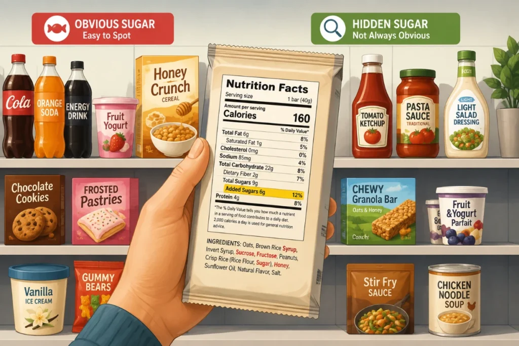 Shopper reads a food label to spot hidden added sugar in everyday packaged foods at a grocery store.