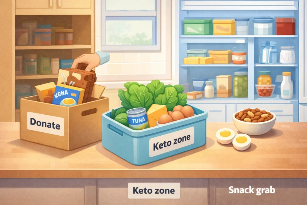 Home kitchen with donate box, keto food zone, and easy snack area showing simple keto setup.