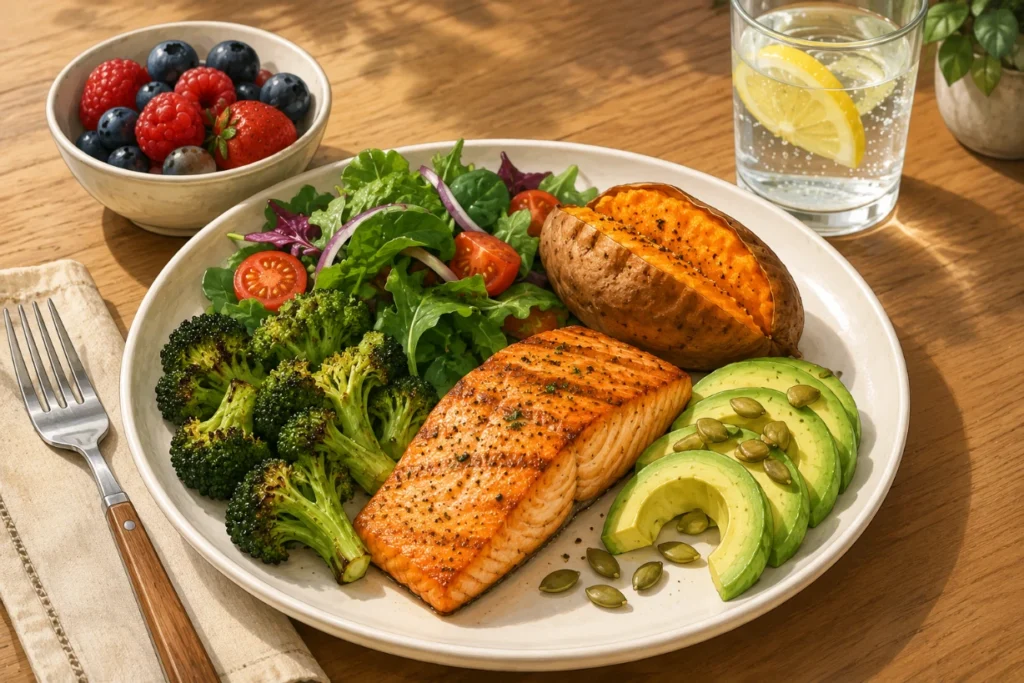 Balanced low-sugar meal with salmon, vegetables, avocado, berries, and lemon sparkling water nearby.