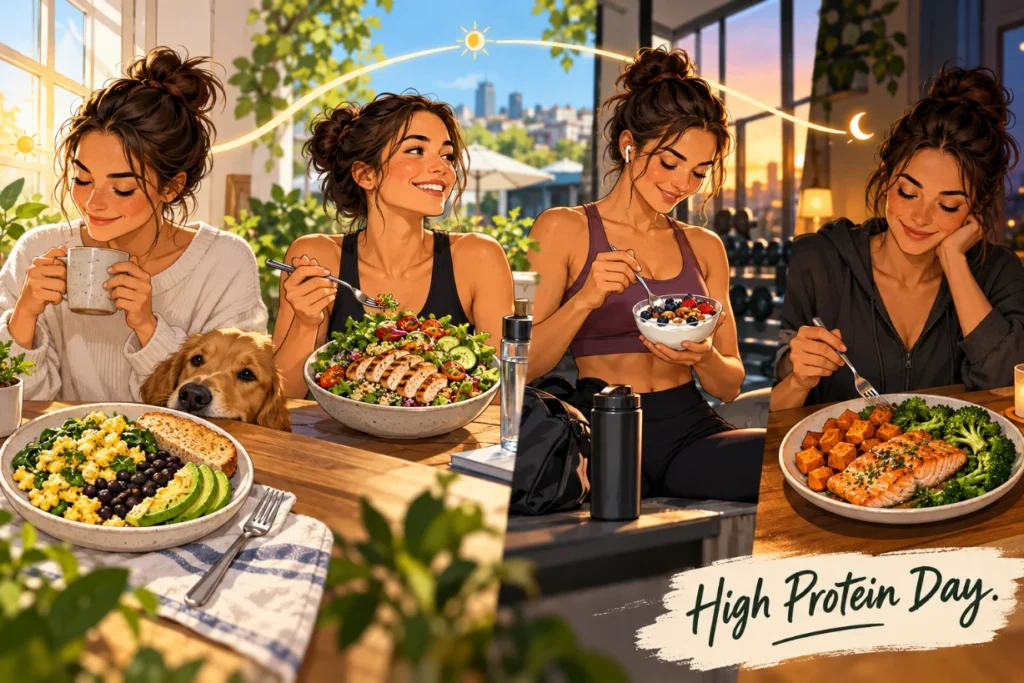 Full day of high-protein meals with eggs, chicken salad, yogurt, salmon, sweet potato, and broccoli.