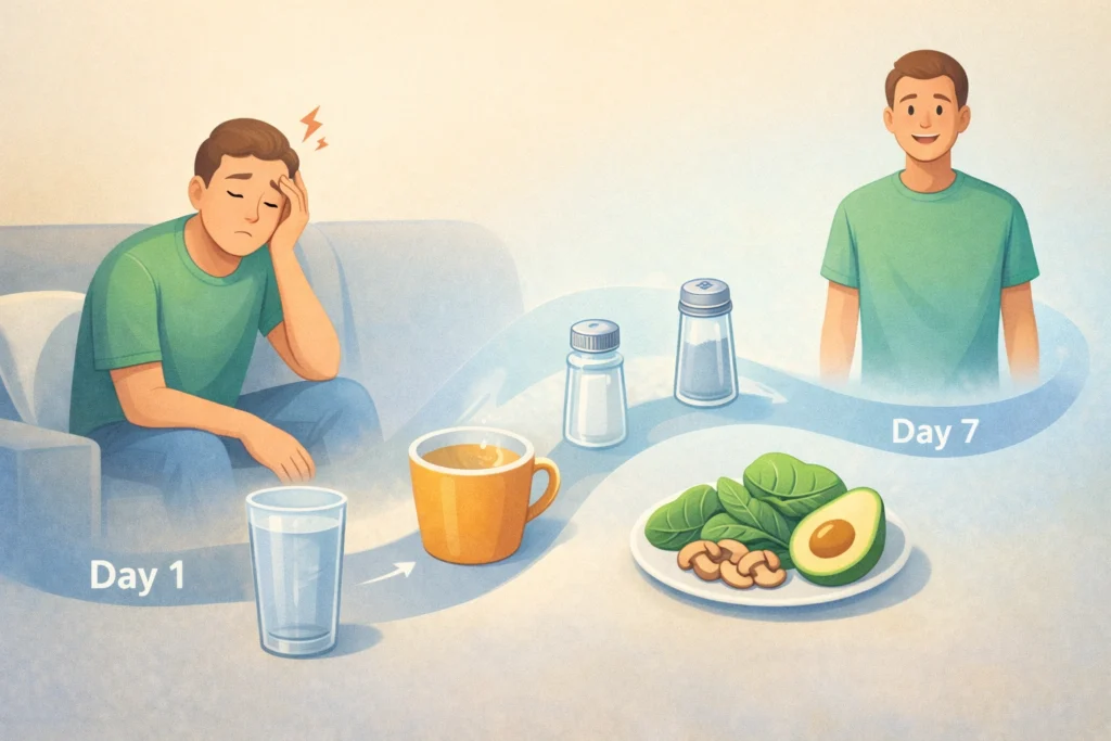 Tired person on couch progressing to feeling better with water, broth, salt, and keto foods