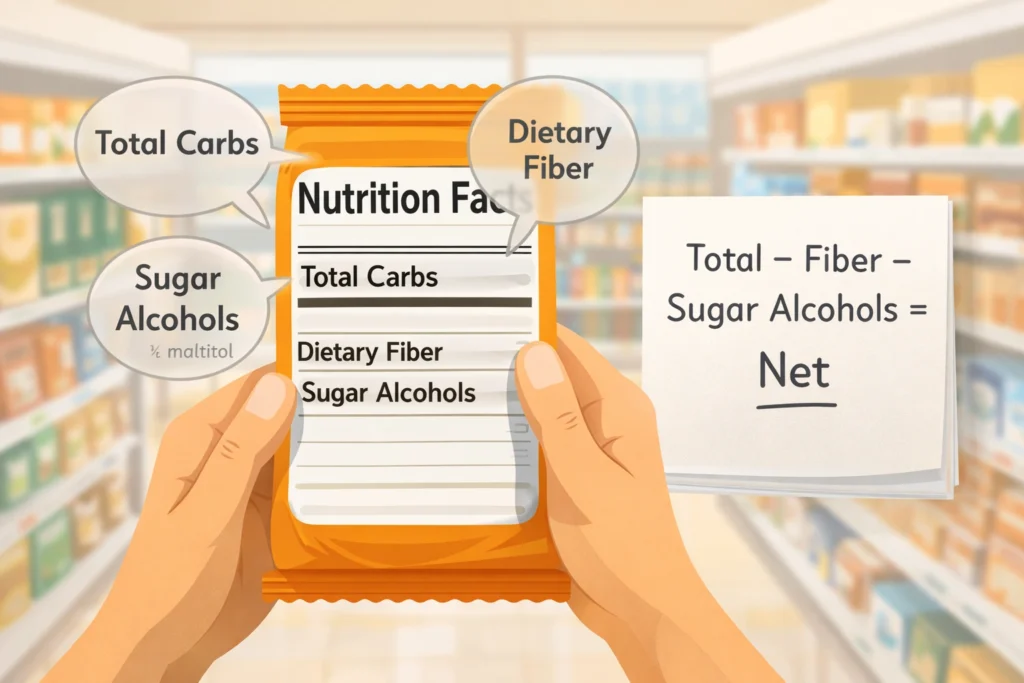 Hands holding a snack label with highlights on total carbs, fiber, and sugar alcohols for net carbs.