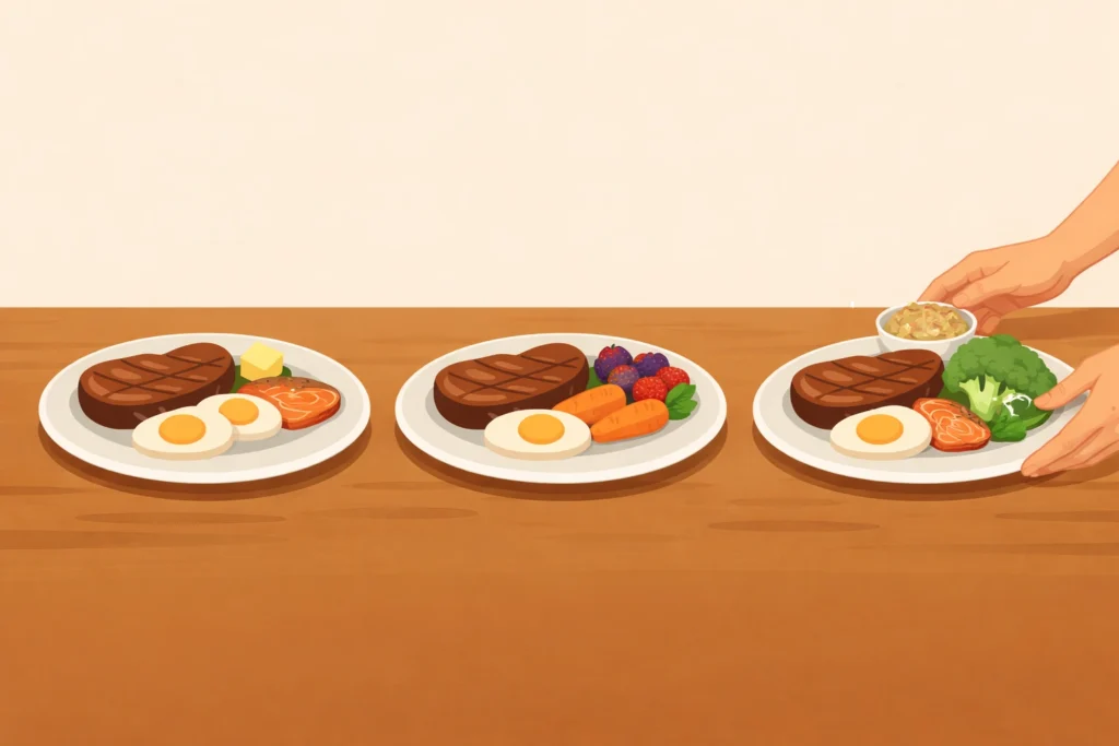 Three plates show carnivore meals from strict to flexible, with vegetables added gradually from left to right.