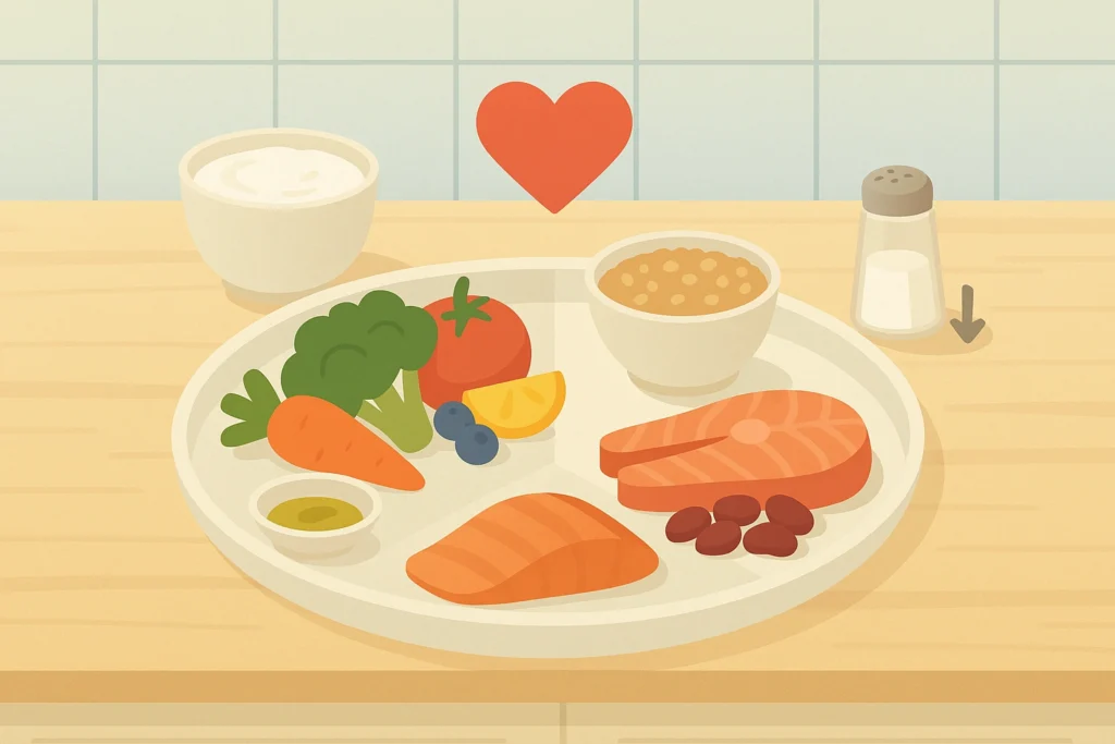 DASH plate with fruits, veggies, grains, yogurt, lean protein, nuts; heart icon and low-salt cue.