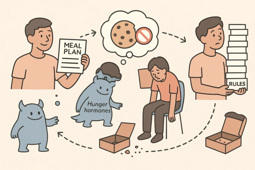 Dieting cycle: meal plan, cravings, snacking slump, restarting rules; hunger monster nudges along.