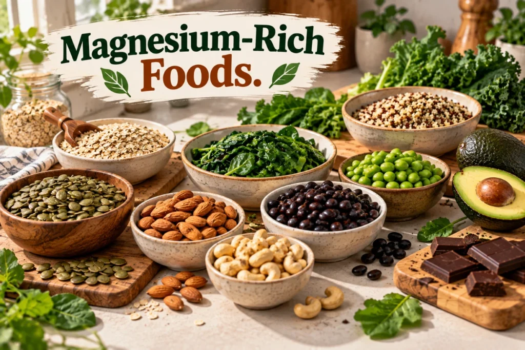 Magnesium-rich foods including seeds, nuts, spinach, beans, quinoa, avocado, oats and dark chocolate.