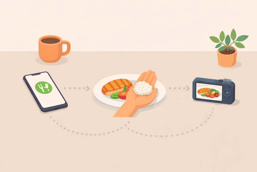 Easy calorie tracking options using a phone app, hand portion guide, or meal photo on a calm table.