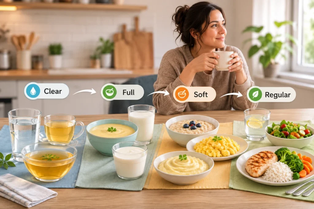 Diet transition: Progression from clear liquids to full liquids, soft foods and regular meals.