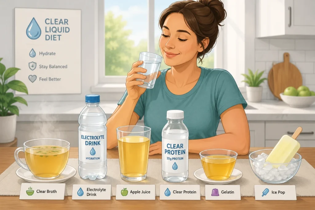 Person on a clear liquid diet with broth, juice, protein drink, gelatin and electrolyte drink.