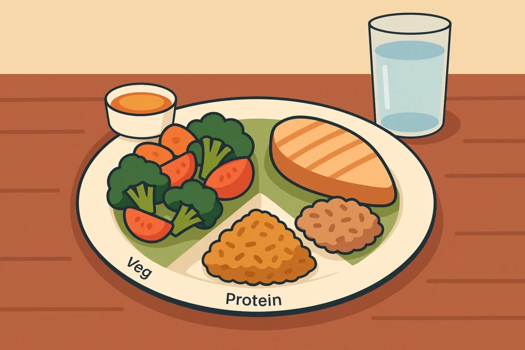 Restaurant plate method: veggies, grilled protein, whole grain, sauce cup, water glass on table now.