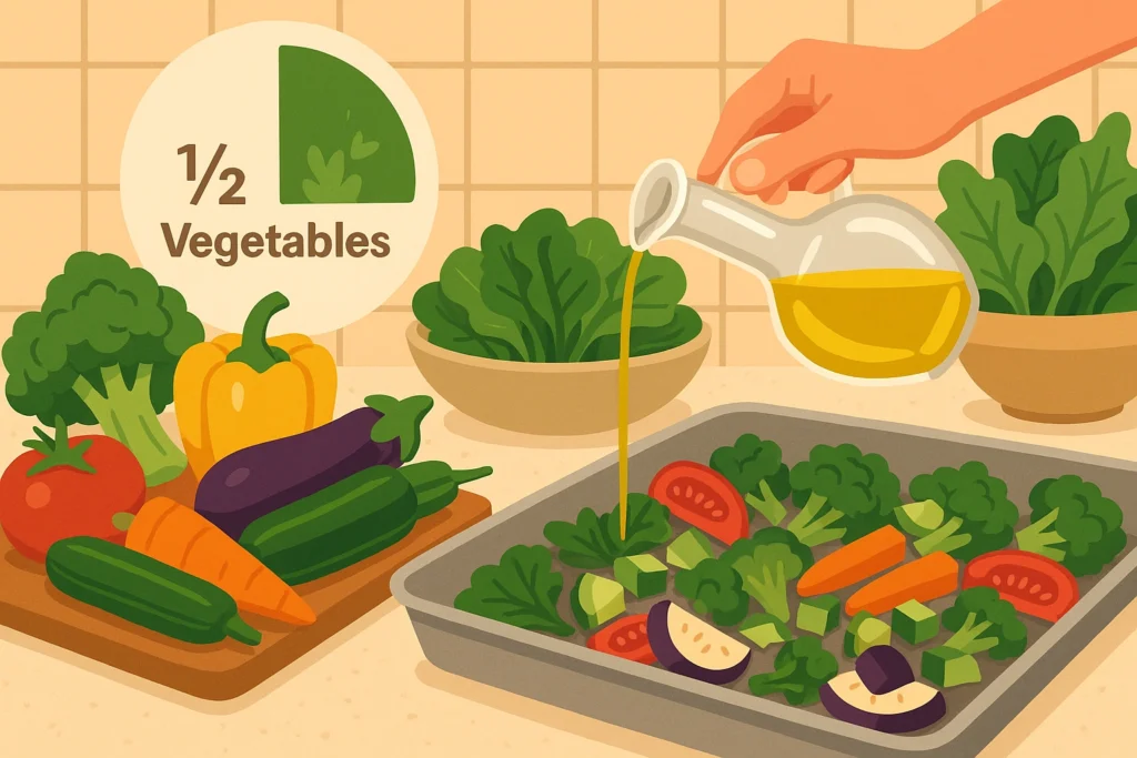 Hand pours olive oil over mixed vegetables on a counter with a half-plate veggie icon in the background.